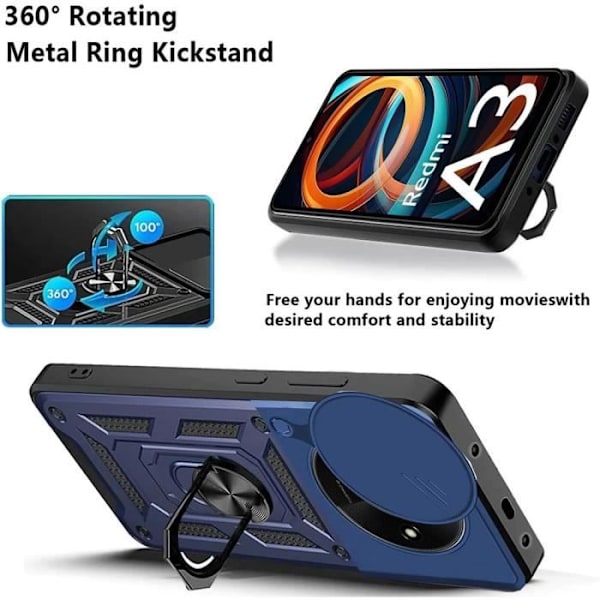 Coque + Härdat Glas - Xiaomi - Redmi A3 - Stötsäker - Rotationsring - Marinblå marinblå