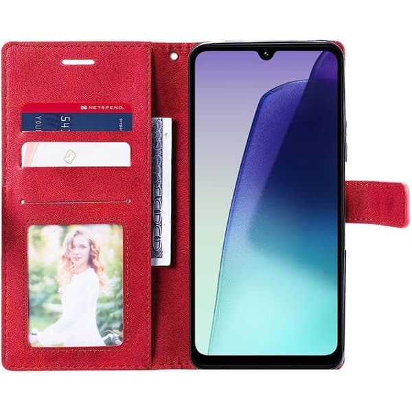 Fodral för Xiaomi Redmi 14C - E.F.CONNECTION - Röd Läderlook - 2 Härdade Glas - Stöttålig - Videostöd Röd