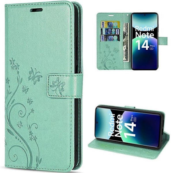 Coque för Xiaomi Redmi Note 14 Pro Plus 5G/Note 14 Pro+ 5G, Skydd Klapp Syntetiskt Läder Grön Fjäril Blommönster Grön