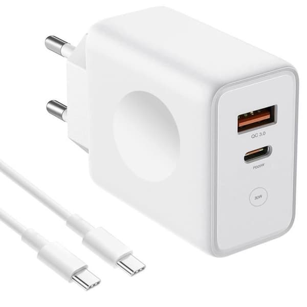 Laddare - E.F.KONTAKT - 30W - PD 20W - QC 3.0 - USB-C 1M - Vit Vit