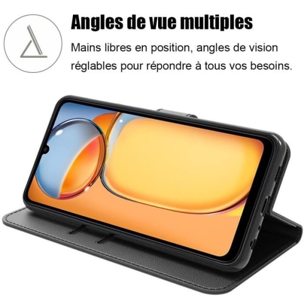 Fodral för Xiaomi Redmi 13C - Svart - Flip Case - PU-läder - Stötsäker - 2 Härdat glas Svart