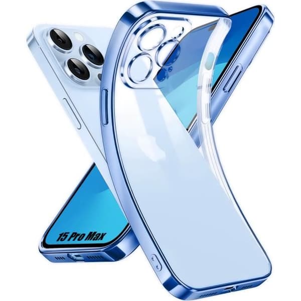 Coque - E.F.CONNECTION - för iPhone 15 Pro Max - Transparent - Blå Kant - Slim Lätt Anti-Scratch Klarblå
