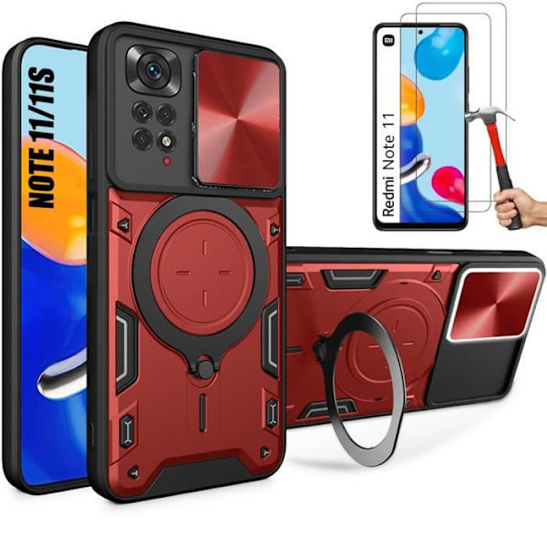Fodral till Xiaomi Redmi Note 11 - Note 11S Red Ring Support Kameraskydd + 2 härdade glasögon