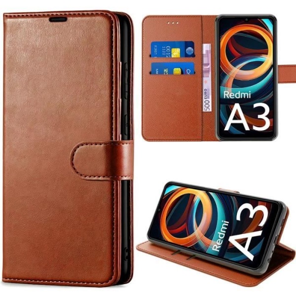 Coque för Xiaomi Redmi A3 - E.F.Connection - Fällbart Stötabsorberande Etui - PU Läder - Fack för Kort - Justerbart Stöd kastanj