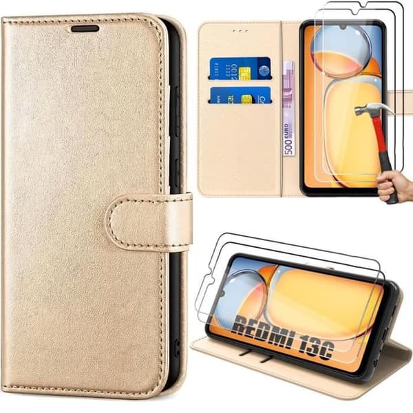 Coque + Tempererade Glas - E.F.CONNECTION - För Xiaomi Redmi 13C - Stötskydd - PU-läder - Ställfunktion gyllene