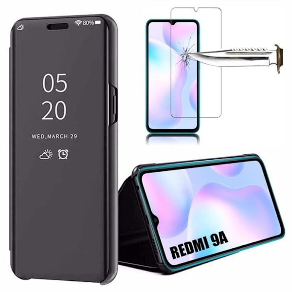 Hårt skyddsfodral för Redmi 9A med härdat glas ingår - E.F.CONNECTION - Svart anti-chock spegeleffekt svart