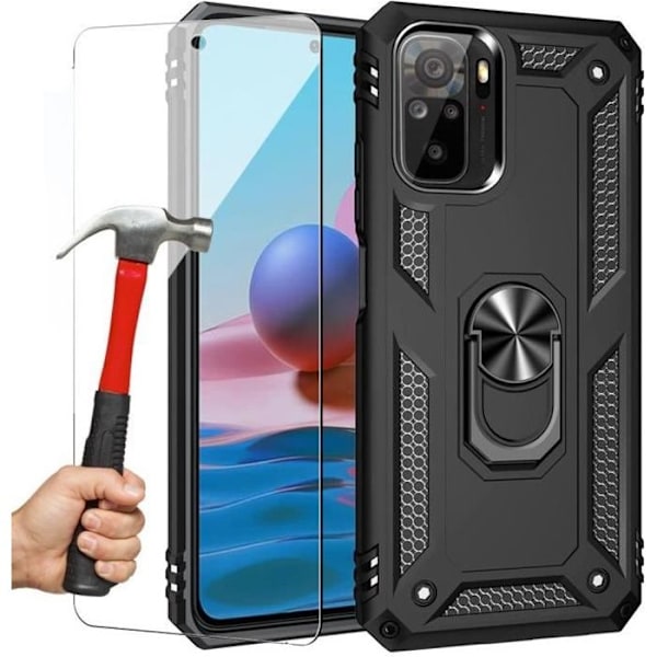 Etui til Redmi Note 10S (6,49") + 2 hærdede briller. Etui Ring Support Beskyttelse Tyk forstærket kant Silikone Stødsikker sort Svart
