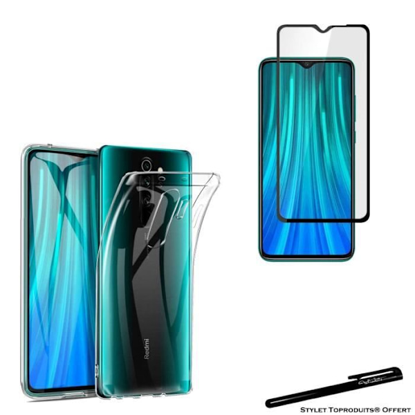 Hærdet glas til Xiaomi Redmi note 8 pro sorte kanter og gennemsigtig blød beskyttende skal med Stylus Toproduits®