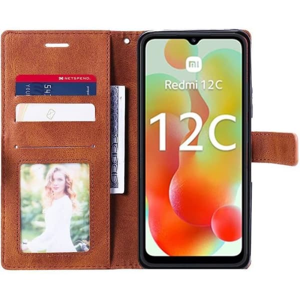 Fodral till Xiaomi Redmi 12C - Redmi 11A + 2 härdade glasögon, helt stötsäker lädereffekt Brun
