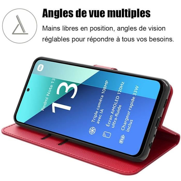 Coque til Xiaomi Redmi Note 13 4G - E.F.Connection - PU Læder Folio Etui - Rød - 2 Tempered Glas - Justerbar Støtte Röd