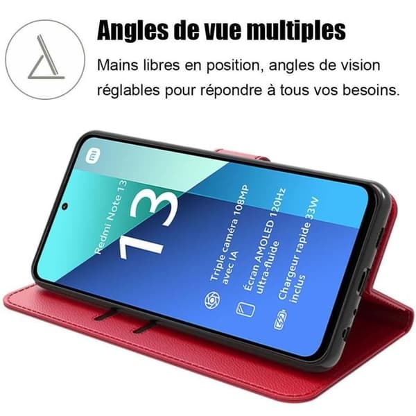Skydd för Xiaomi Redmi Note 13 4G - E.F.Connection - PU-läder - Röd - 2 Härdat glas - Justerbart stativ Röd