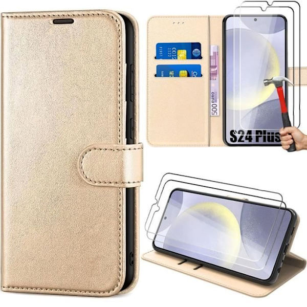 2 härdade glasögon + fodral för Samsung Galaxy S24 Plus (S24+) Anti-repskydd guld syntetiskt läder