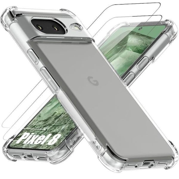 Fodral till Google Pixel 8 - Transparent stötsäkert silikonskydd + 2 härdade glasögon