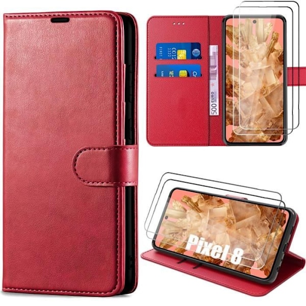 Plånboksfodral - Google - Pixel 8 - Röd PU-läder - 2 Härdat glas - Stötsäker Röd
