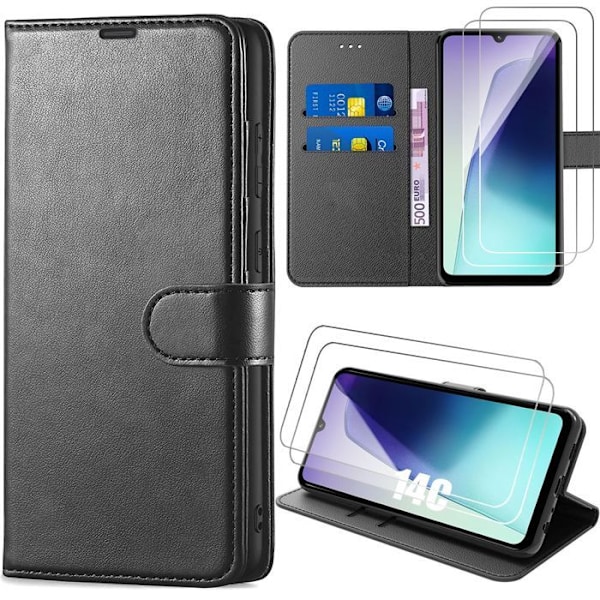 Coque + 2 Glasskærme til Xiaomi Redmi 14C - Beskyttelse Læder Flip Antishock Sort Svart
