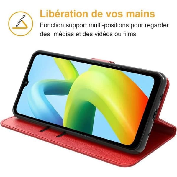Coque Portefeuille - Effektsläder - Redmi Note 12 Pro+ - Röd - Inkluderar 2 Härdat Glas - Halvstyv Röd