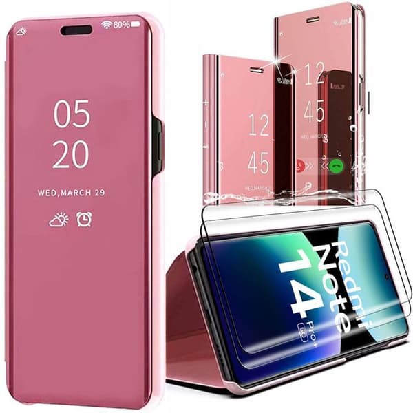 Coque - E.F.CONNECTION - För Xiaomi Redmi Note 14 Pro Plus 5G - Clear View Rose - 2 Tempererade Glas - Stötsäker Rosa