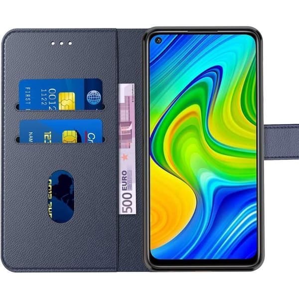 Skyddsskal - E.F.CONNECTION - Redmi Note 9 - Mörkblå Lädereffekt - Paket med 2 Härdade Glas marinblå