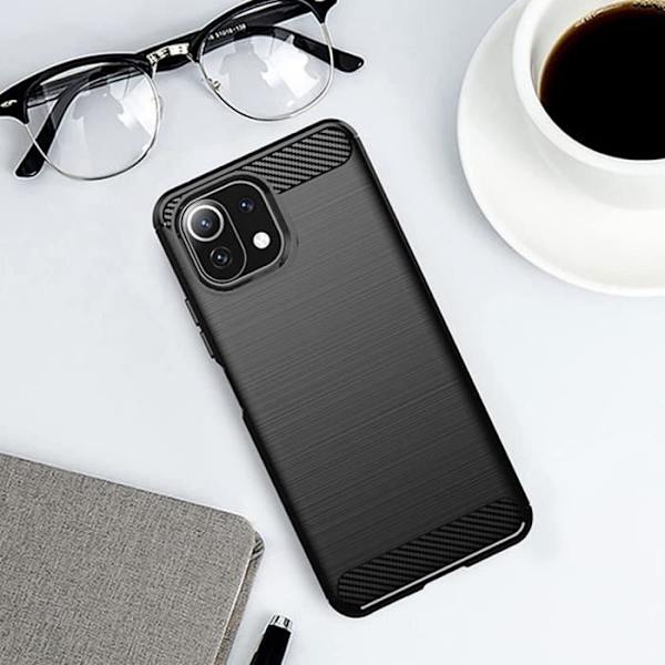 Fodral till Xiaomi Mi 11 Lite med 2 härdade glasögon, kolfiber Soft Shell Svart