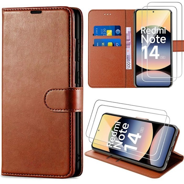 Coque för Xiaomi Redmi Note 14 5G (inte för 4G) Stötskydd Syntetiskt läder Brun + 2 Härdade glas kastanj