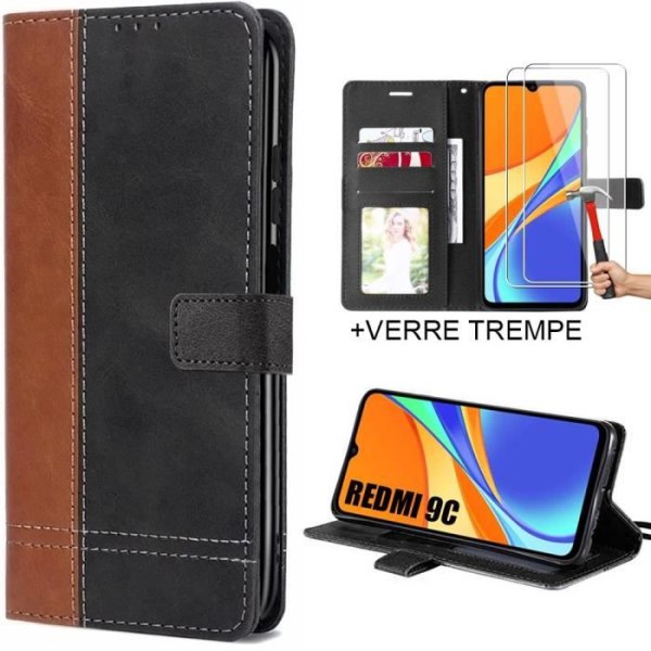 Coque - Xiaomi - Redmi 9C/10A - Bicolore Brun/Sort - 2 Tempererede Glas - Syntetisk Læder Brun svart