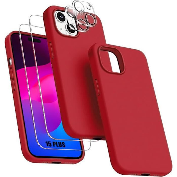 Fodral för iPhone 15 Plus - Röd flytande silikon + 2 härdade glasögon och 2 bakre linsskydd