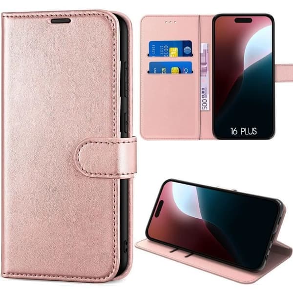 Skydd för iPhone 16 Plus - MÄRKE - Flip Case i PU-läder Rosa - Fällbart Stöd - Kortfack - Semi-styv. Rosa