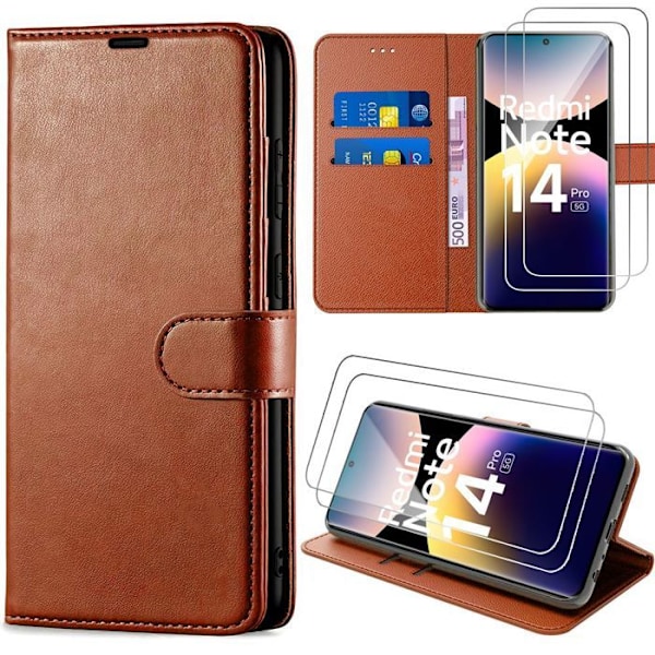 Coque + 2 Glass Protectorer för Xiaomi Redmi Note 14 Pro 5G (inte för 4G) Flip Case Läder Effekt Brunt kastanj