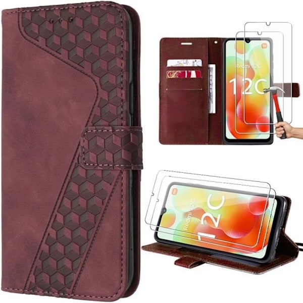 Coque - Xiaomi - Redmi 12C-11A - Rød - Folio Læder Etui - 2 Hærdede Glas Röd