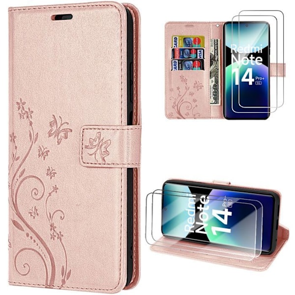 Fodral och 2 djupfrysta glas för Xiaomi Redmi Note 14 Pro Plus 5G/Note 14 Pro+ 5G, konstläder med fjäril och rosblommönster Rosa
