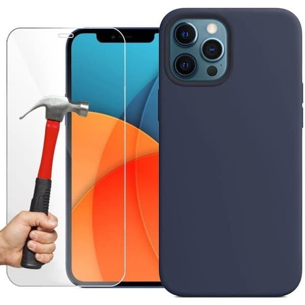 Coque en silicone - E.F.Connection - för iPhone 13 Pro Max - Ultra Slim - Mörkblå - 2 härdade glas marinblå