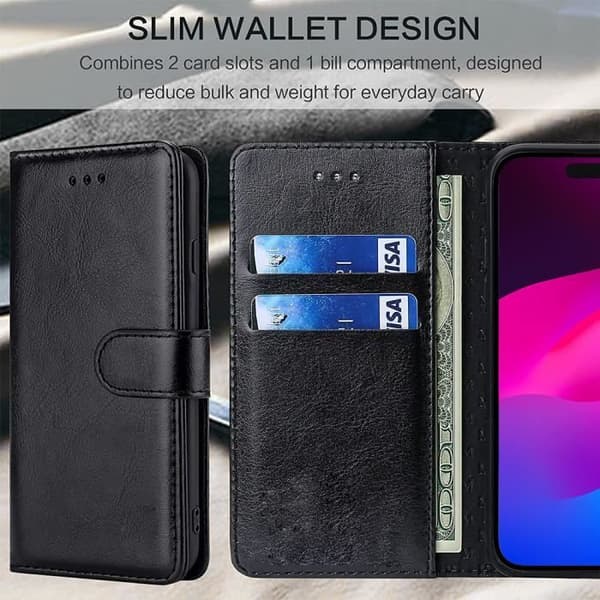 Coque - E.F.CONNECTION - för iPhone 15 Plus - Mjuk PU-läder - 360 Grad skydd - Ställningslock Svart