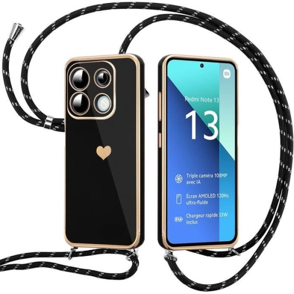 Crossbody-etui til Xiaomi Redmi Note 13 4G (ikke til 5G), sort, stødsikker blød TPU med belagt hjertemønster