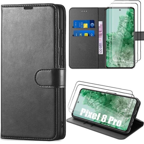 Coque - Google - Pixel 8 Pro - Lædereffekt Sort - 2 Hærdede Glas - Magnetisk Lukning Svart