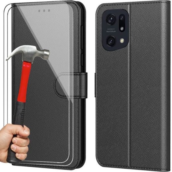 Paket med 2 härdade glasögon med skydd för OPPO Find X5 Black Wallet Läder Effektkorthållare