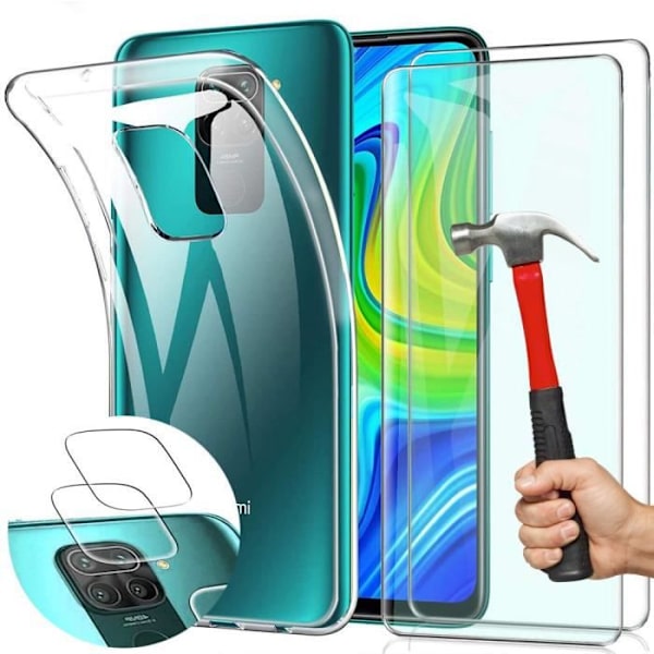 Transparent silikonfodral för Redmi Note 9 + 2 härdade glasögon och 2 bakre linsskydd Transparent