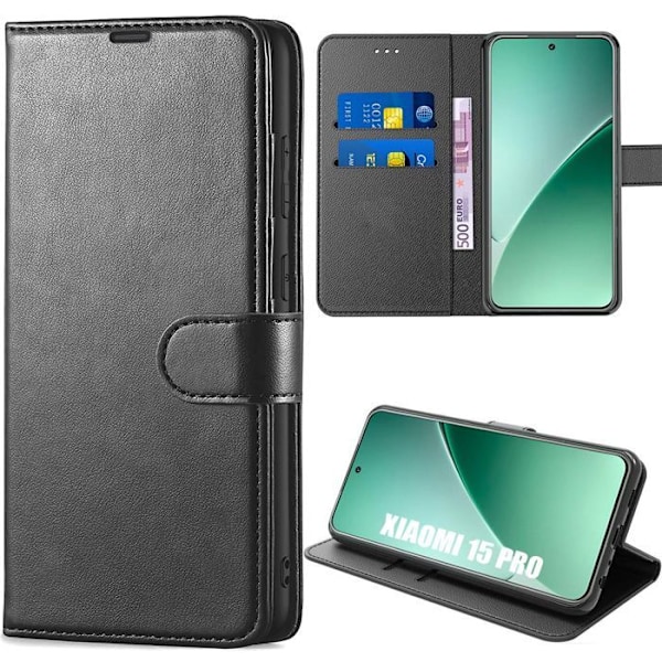 Skydd för Xiaomi 15 Pro, Flip Case Stötabsorberande Syntetiskt Läder Svart med Kortfickor Svart