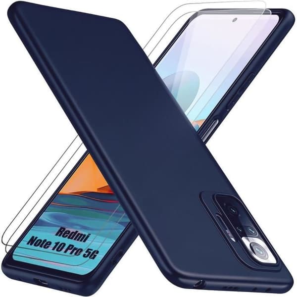 Skydd - E.F.CONNECTION - för Redmi Note 10 Pro 5G - Mjuk Silikon - Mörk Blå - 2 Härdade Glas marinblå
