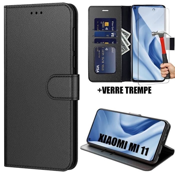 Skyddsfodral för Xiaomi Mi 11 - E.F.CONNECTION - Set med 2 härdade glasögon - Svart - Lädereffekt Svart