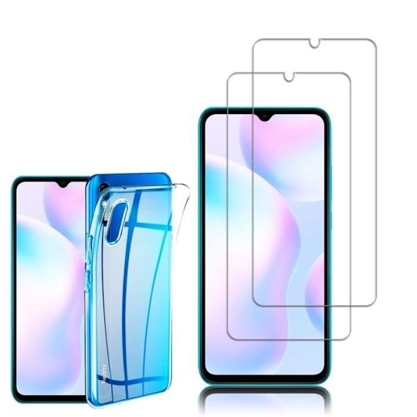 För Xiaomi Redmi 9A 6,53": UltraSlim Gel Silikonfodral - TRANSPARENT + 2x härdat glasfilmer