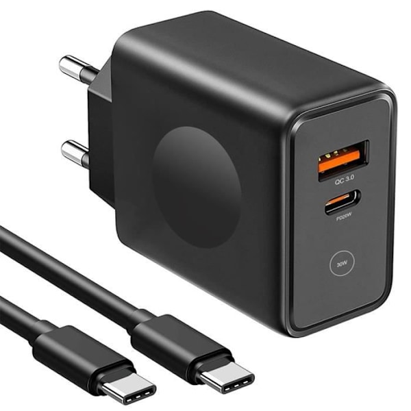 30W snabbladdare - E.F.ANSLUTNING - 2 portar - PD 20W - QC 3.0 - USB-C-kabel ingår Svart
