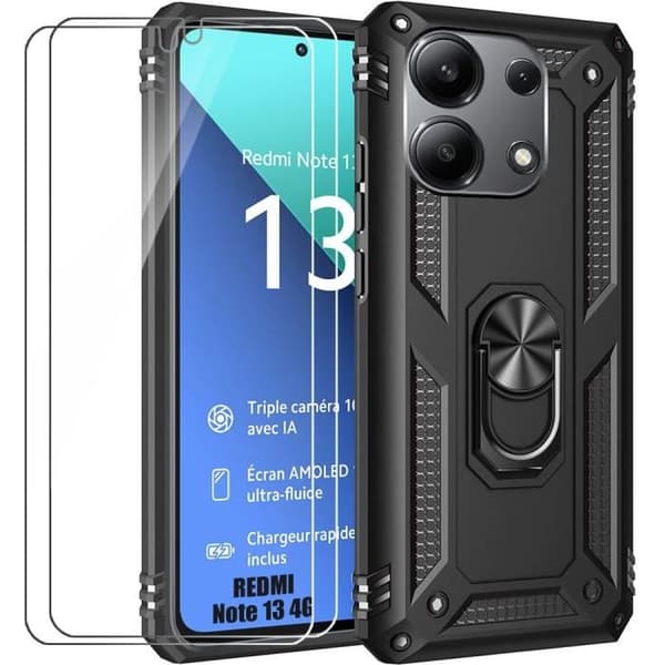 Coque - E.F.CONNECTION - För Xiaomi Redmi Note 13 4G - Hårdskydd - 2 Härdat glas - 360° Stöd Svart