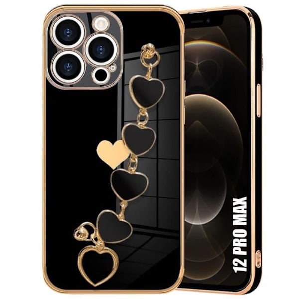 Cover til iPhone 12 Pro Max, sort luksus anti-ridse ultra tynd stødsikker med hjertestrop