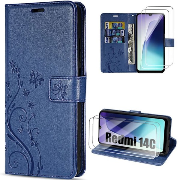 Coque + 2 Skärmskydd för Xiaomi Redmi 14C, Anti-repschockskydd i konstläder med marineblå fjärilsdesign marinblå