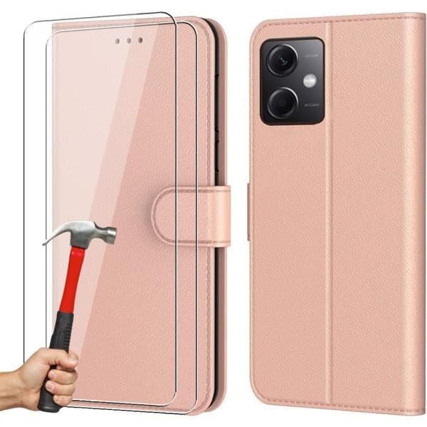 Skyddskal - E.F.CONNECTION - Redmi Note 12 - Rosa - Stöttålig - Läderlook - 2 Härdade Glas Rosa