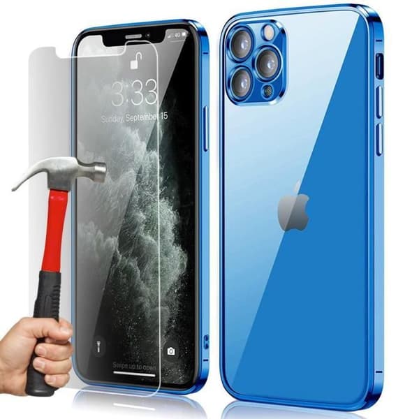 Skyddsskal - E.F.Connection - för iPhone 13 Pro - Silikon TPU - 2 Härdat Glas - Blå Blå
