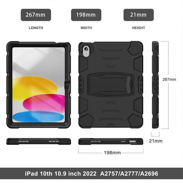 Cover til iPad A16 (11") / iPad 10 2022 (10,9" 10. generation) 360° stødabsorberende hård beskyttelse med stativ - Sort Svart