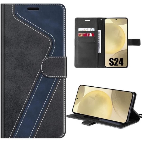 Fodral till Samsung Galaxy S24 Anti-Scratch PU Läder Svart-marinblå tvåfärgad plånbok