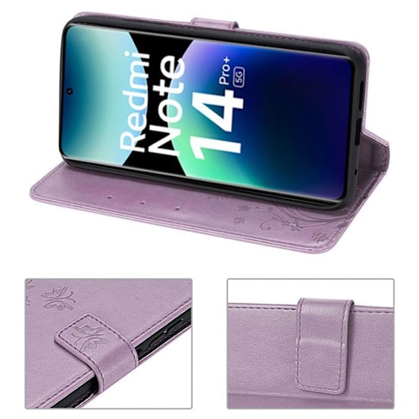 Coque + 2 Temperer Glas til Xiaomi Redmi Note 14 Pro Plus 5G/Note 14 Pro+ 5G, Beskyttelse Læder PU Lilla Plante Mønster Lila