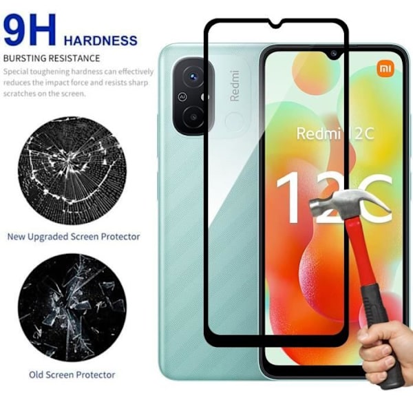Helhärdat glas för Xiaomi Redmi 12C - Redmi 11A - Set med 3 - Reptålig Transparent med svart kant